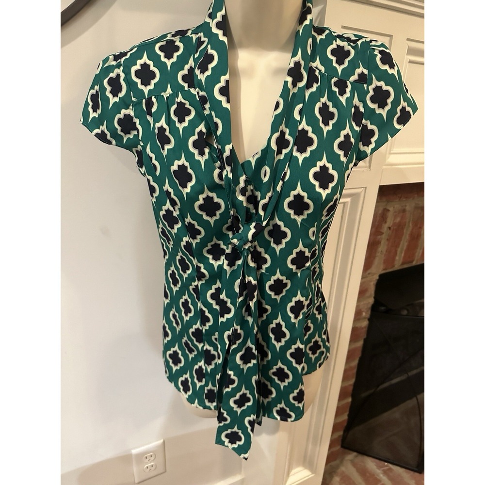 Banana Republic Outlet Women's Green/Navy Blouse with Tie Office Wear Sz 0